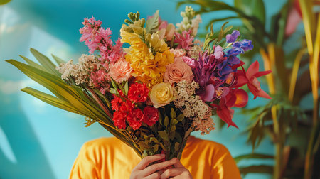 Person holding a vibrant bouquet of flowers in a colorful outdoor settingの写真素材