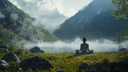 Person meditating peacefully in a tranquil forest filled with greeneryの写真素材