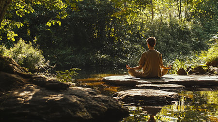 Person meditating peacefully in a tranquil forest filled with greeneryの写真素材