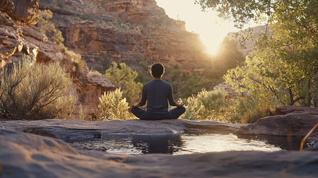 Person meditating peacefully in a tranquil forest filled with greeneryの写真素材