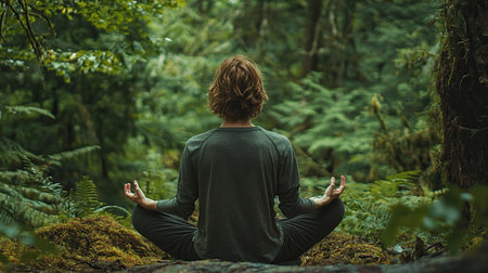 Person meditating peacefully in a tranquil forest filled with greeneryの写真素材