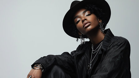 Model showcasing fashion accessories against a vibrant yellow backdrop in a studio setting