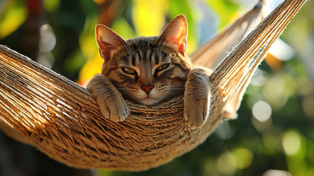 Relaxing in a hammock during summer days with a cat enjoying the sunshineの写真素材