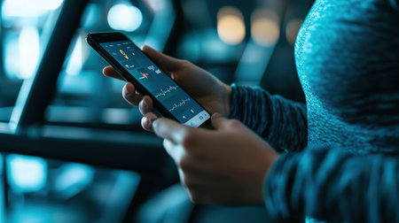 Person engaged with fitness app while exercising indoors