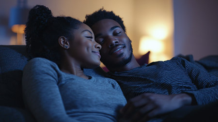 Young couple enjoying a cozy movie night on the sofa in warm evening lightの写真素材