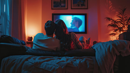 Young couple enjoying a cozy movie night on the sofa in warm evening lightの写真素材