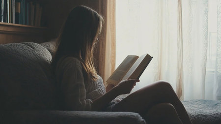 Cozy living room with a young woman absorbed in a book during afternoon lightの写真素材
