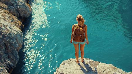 Young woman explores cliffs with ocean views during a cloudy dayの写真素材