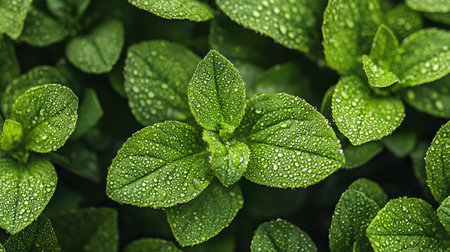Fresh green leaves glistening with water droplets in a natural setting