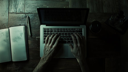 Typing on a laptop with a notebook and pen in a focused workspaceの写真素材