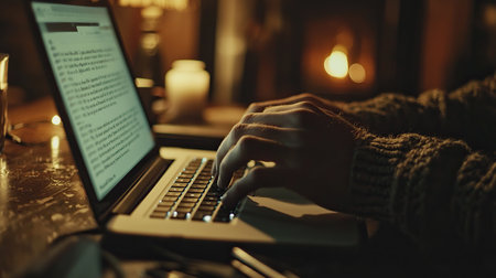 Typing on a laptop with a notebook and pen in a focused workspaceの写真素材