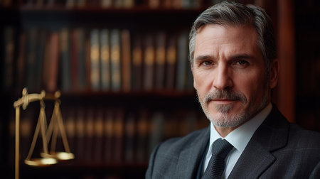 Serious lawyer in suit with law books and scales blurred in the backgroundの素材