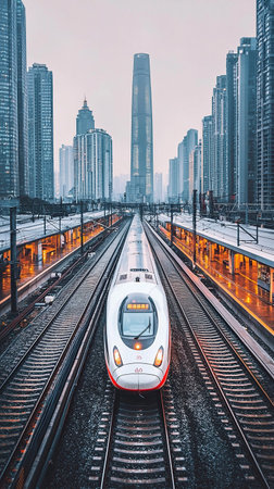 Futuristic train station features sleek high speed train at platformの素材