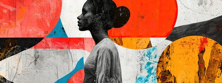 Bold abstract figure collage with layered shapes and textures in vibrant colorsの素材