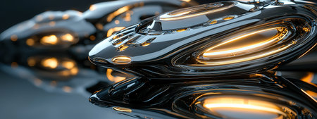 Futuristic spacecraft with sleek metallic design illuminated in a modern exhibit spaceの素材