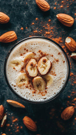 Creamy banana almond smoothie topped with sliced bananas and cinnamon sticksの素材