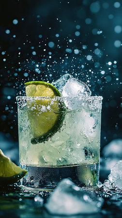 Fresh cocktail served in a glass with lime and ice creating a splash in a dark settingの素材