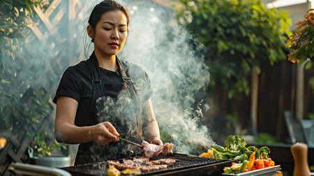 Grilling fresh vegetables and meats outdoors during a sunny afternoonの素材