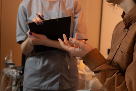 Patient consultation occurring in a healthcare setting with a medical professional and a clientの写真素材