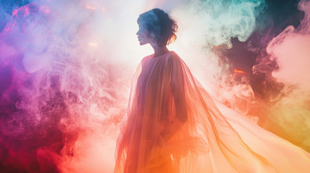 Model in ethereal attire surrounded by colorful smoke at nighttime eventの素材