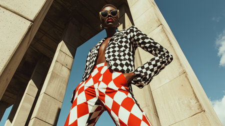 Fashionable model poses confidently against modern architecture under clear blue skyの素材