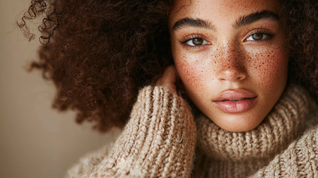 Young woman with curly hair and freckles wearing a cozy sweater indoorsの素材