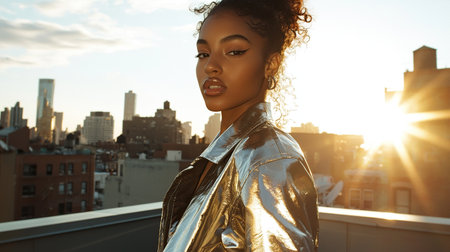 Young woman poses confidently on a rooftop with city skyline and sunset backdropの素材