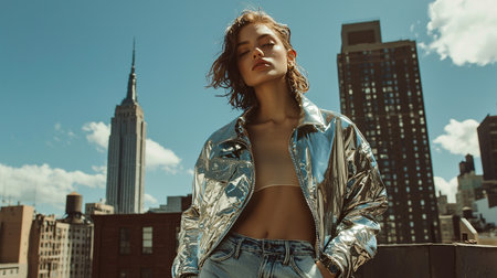 Young woman poses confidently on a rooftop with city skyline and sunset backdropの素材