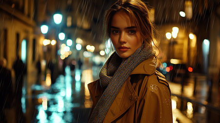 Portrait of a young woman in a rain-soaked city street during twilightの素材