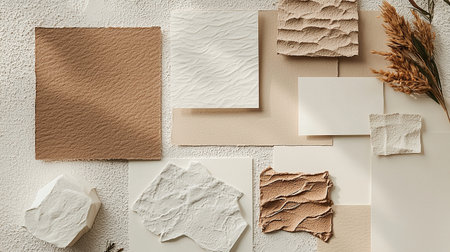 Textured paper and dried plants arranged on a neutral backgroundの素材