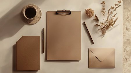 Brown stationery setup on a minimalist desk with natural elementsの素材