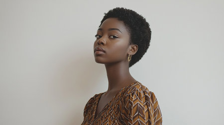 Model poses gracefully in natural light showcasing elegant fashion styleの素材