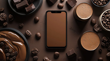 Various ingredients and smartphone on a dark kitchen counter settingの素材