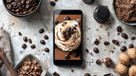 Various ingredients and smartphone on a dark kitchen counter settingの素材