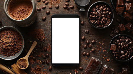 A smartphone stands on a wooden platter among natural decor itemsの素材