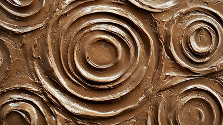 Chocolate frosting arranged in concentric circles on a flat surfaceの素材
