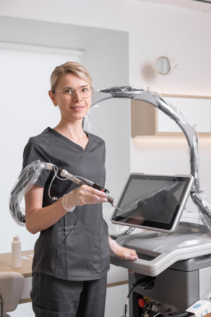 Skilled professional prepares for advanced skin treatment in modern clinicの写真素材