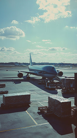 Airplane parked at airport terminal ready for loading during bright sunny dayの素材