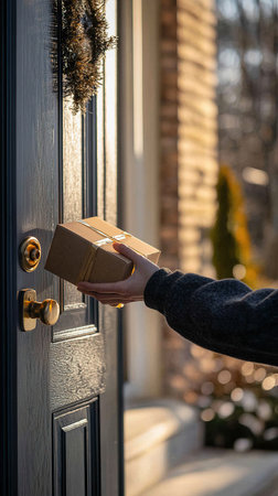 Delivery person places a package on the front door of a house in the afternoonの素材