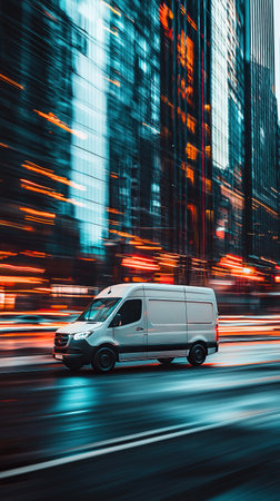 Delivery truck parked outside a warehouse with stacked boxes during daylight hoursの素材