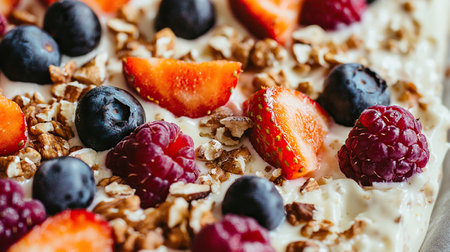 Breakfast dish topped with fresh berries and granola for a healthy start to the dayの写真素材
