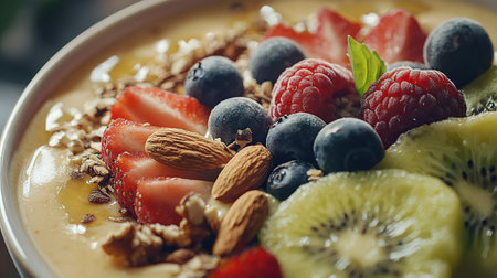 Breakfast dish topped with fresh berries and granola for a healthy start to the dayの写真素材