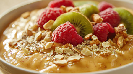 Breakfast dish topped with fresh berries and granola for a healthy start to the dayの写真素材