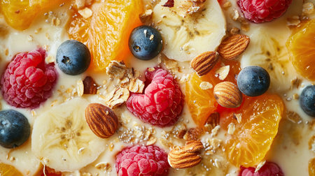 Breakfast dish topped with fresh berries and granola for a healthy start to the dayの写真素材