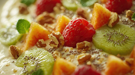Breakfast dish topped with fresh berries and granola for a healthy start to the dayの写真素材
