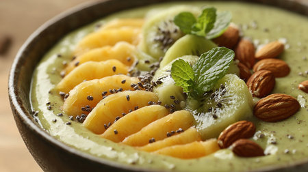 Healthy smoothie bowl topped with fresh fruits and nuts in a rustic settingの写真素材