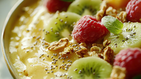 Breakfast dish topped with fresh berries and granola for a healthy start to the dayの写真素材