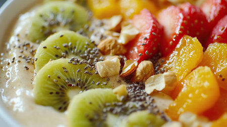 Breakfast dish topped with fresh berries and granola for a healthy start to the dayの写真素材