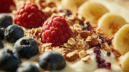 Breakfast dish topped with fresh berries and granola for a healthy start to the dayの写真素材
