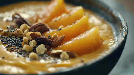 Delicious bowl of creamy smoothie topped with fresh fruit and nuts in a modern kitchenの写真素材